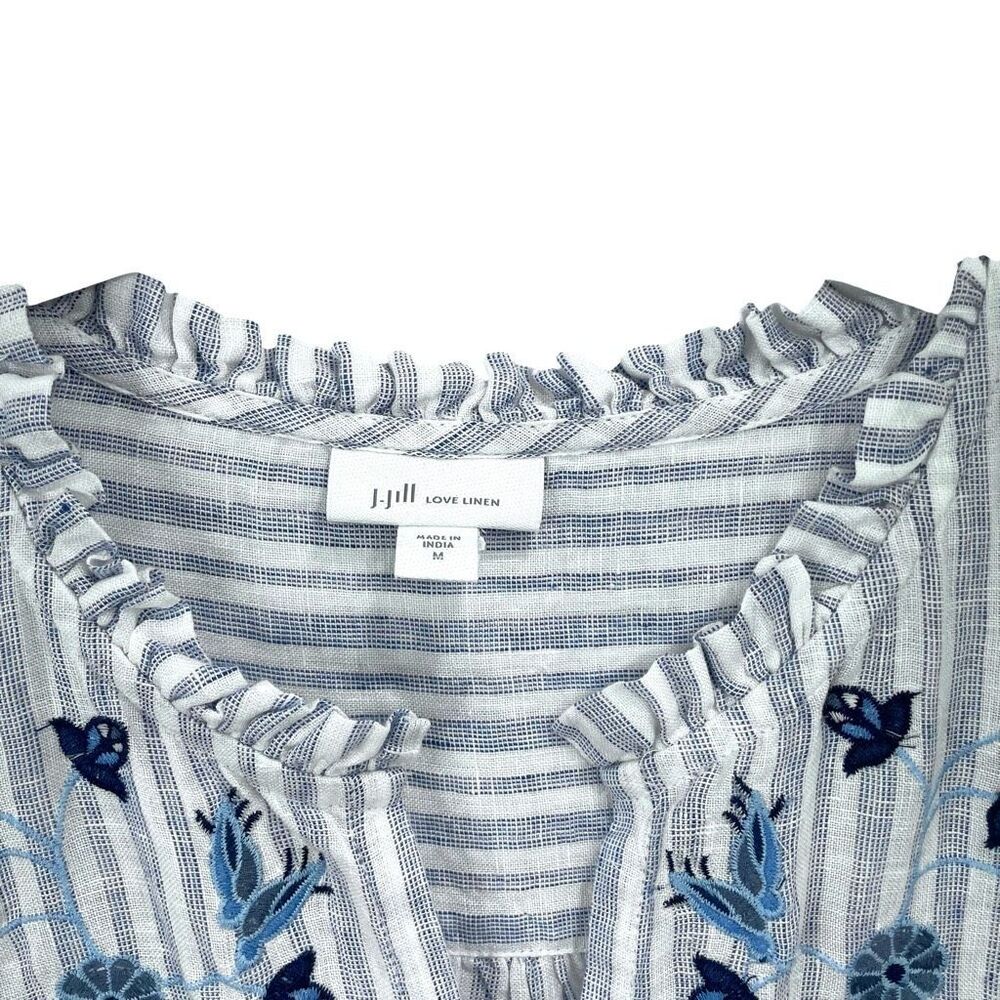 J. Jill 100% linen embroidered floral striped popover shirt top size M blue - Picture 4 of 8